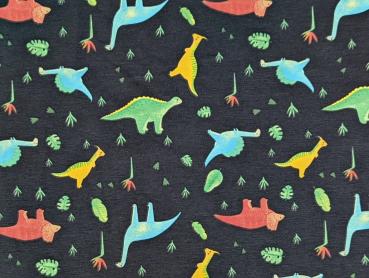 Baumwolljersey Kleine Neon Dinos auf Dunkelblau